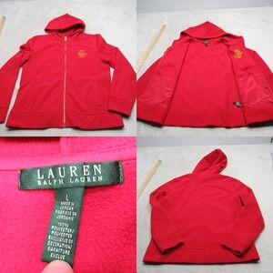 Lauren Ralph Lauren Hoodie Women Large Red Soft Fleece Embroidered Logo Full Zip